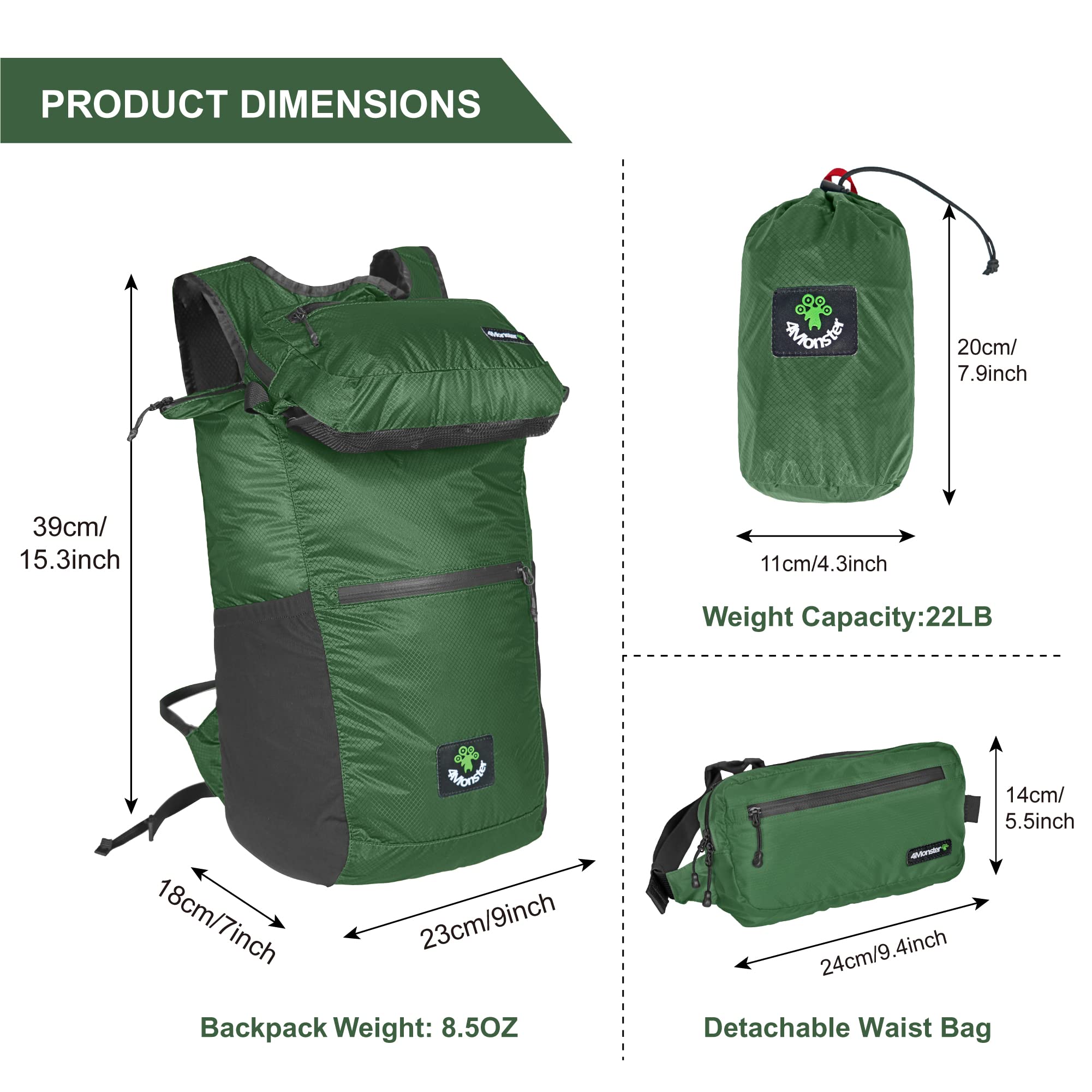4Monster Zaino da escursionismo, 2 in 1, impermeabile, leggero, portatile, per viaggi, campeggio all'aperto, Verde militare, 32L, Zaini Daypack