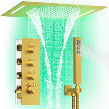 Rainfall & Waterfall LED Shower System Aposhion 23 * 15" 64 Color LED Dual Function Shower Head with Handheld Sprayer, Bathroom Ceiling Mount Thermostatic Shower Faucet Set with Valve, Brushed Gold