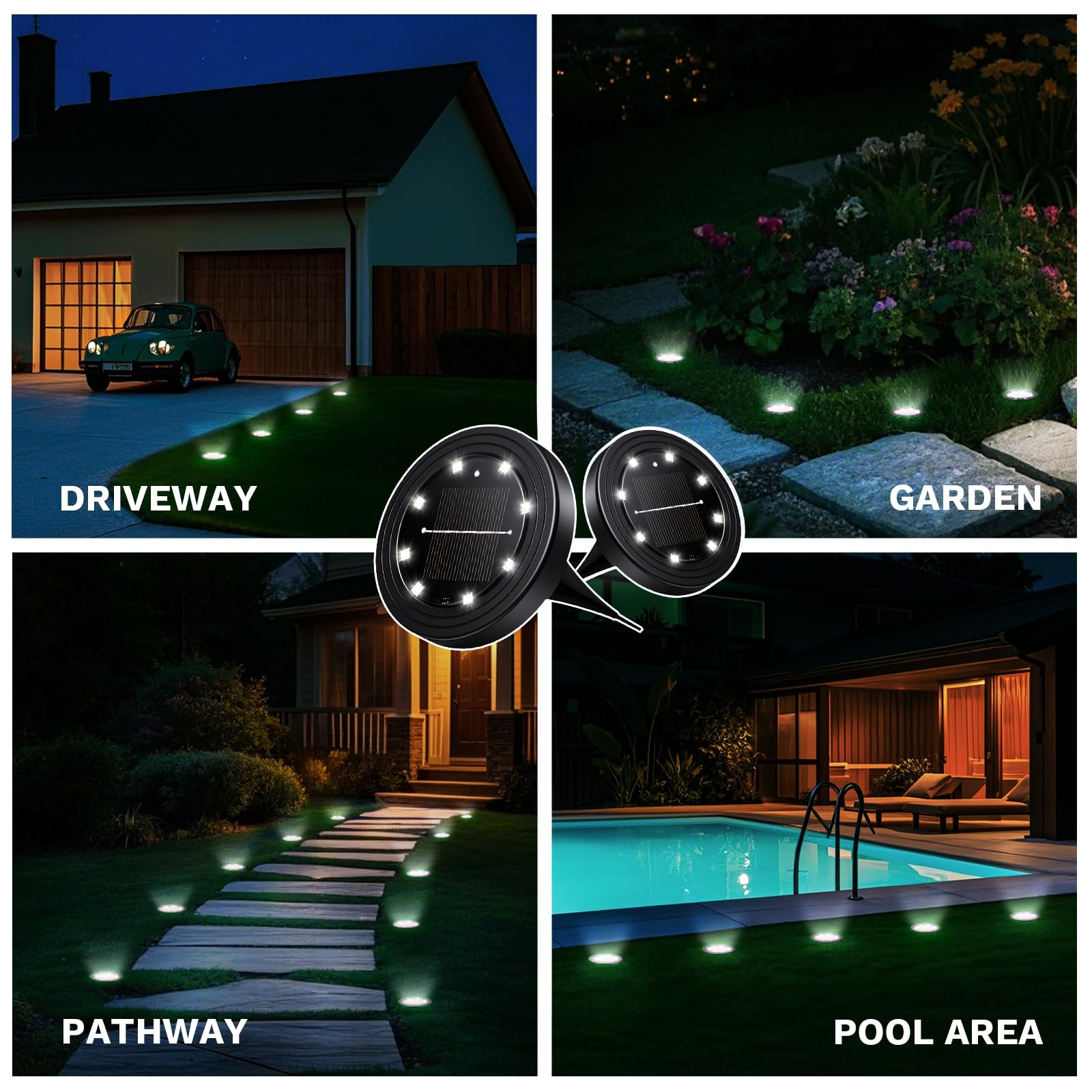 NIBSHOOM 8 sztuk zewnętrznych lamp solarnych, odporne na warunki atmosferyczne lampy solarne IP68 z 8 LED, oświetlenie ogrodowe o długiej żywotności, chłodna biel lampy solarne do ogrodu, tarasów