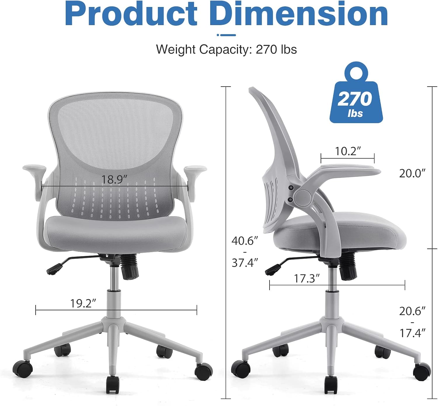 SMUG Home Office Ergonomic Desk Mesh Computer Modern Height Adjustable Swivel Chair with Lumbar Support/Flip-up Arms, Grey, 23.8D x 23.2W x 39.8H
