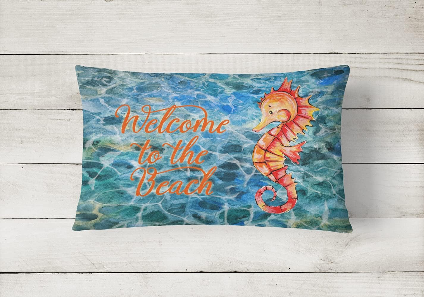 Caroline's Treasures BB8519PW1216 Seahorse Welcome Canvas Fabric Decorative Pillow Machine Washable, Indoor Outdoor Decorative Pillow for Couch, Bed or Patio, 12HX16W