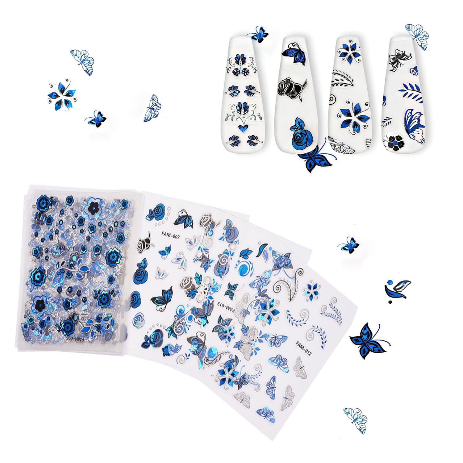 INOG 30 Sheets Flower Nail Art Stickers, White Flower with Rhinestones Designs Nail Decals 3D Self Adhesive Nail Stickers NailArt Supplies White Flower Stickers for Nails (Blue) - Image 4 thumbnail