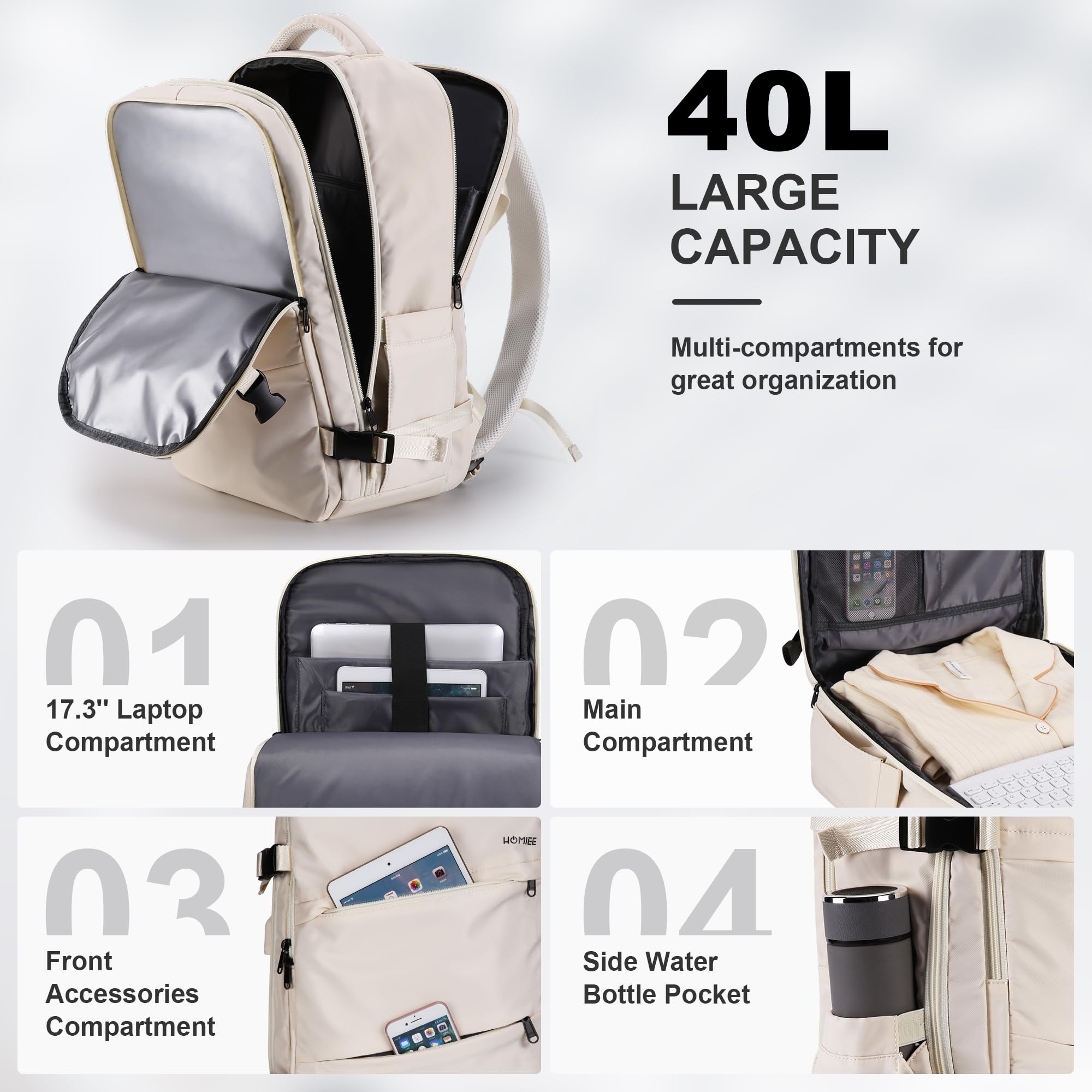 HOMIEE Zaino da Viaggio 40L Zaino Uomo Zaino Porta PC 17.3 Pollici Grande Capacità Zaino Aereo Bagaglio a Mano Impermeabile Zaini Uomo Lavoro per Viaggio Università Scuola Beige