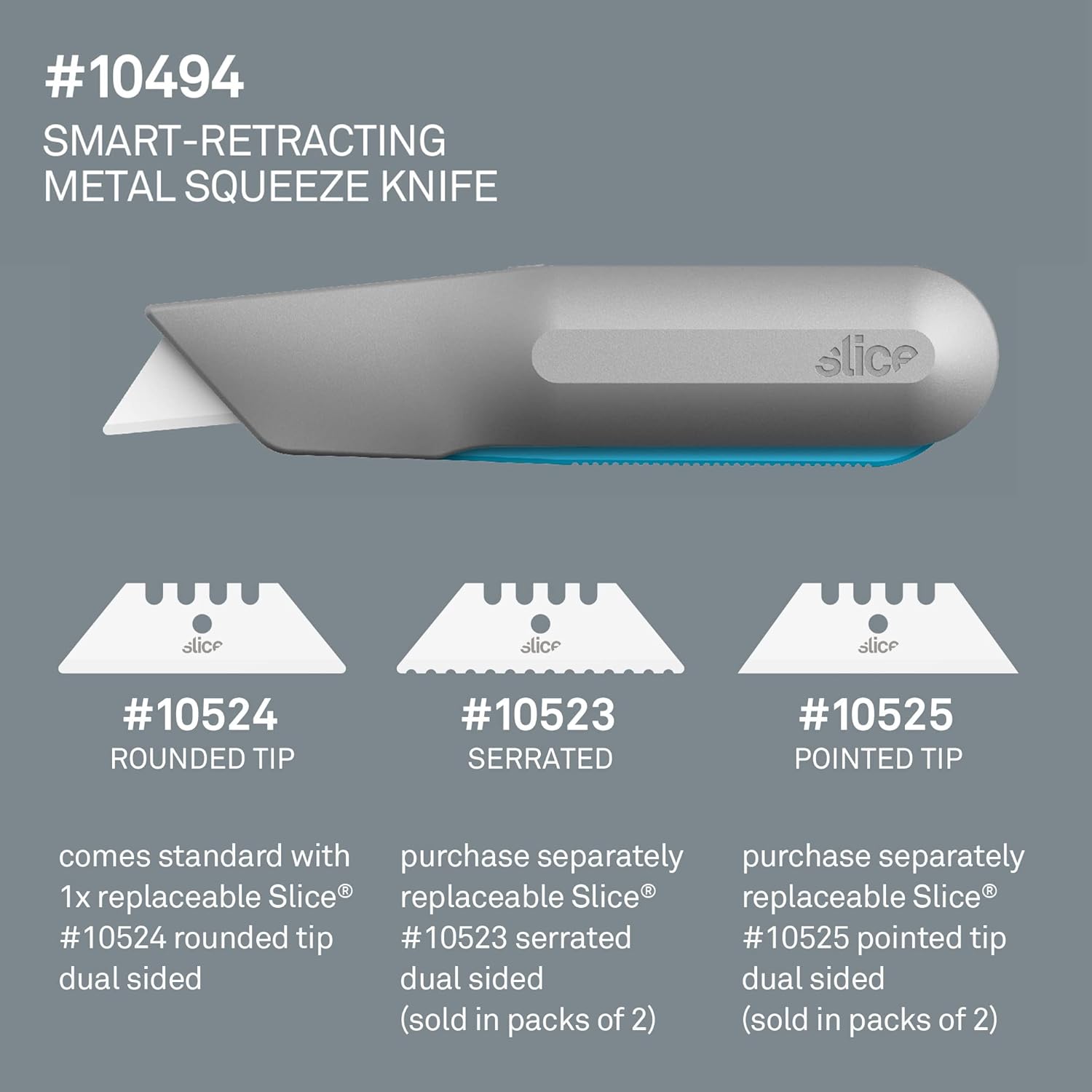 Slice 10494, Squeeze Knife, Box Cutter with Ceramic Blade, Finger Friendly, Lasts 11x as Long, Metal Handle, Blade Smartly Retracts While Cutting