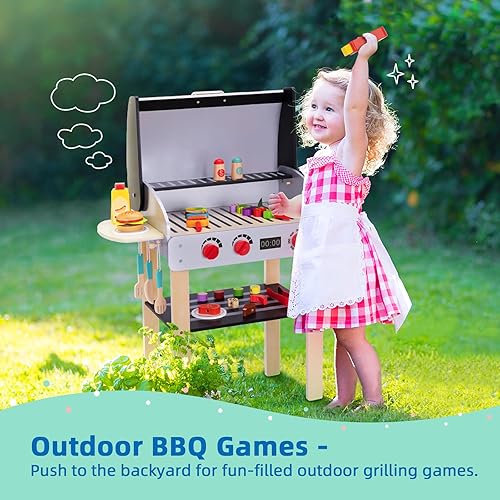 Miniatura 2 de OOOK Parrilla de juguete de barbacoa de madera, juego de parrilla para niños con alimentos de juguete y herramientas de parrilla, accesorios de