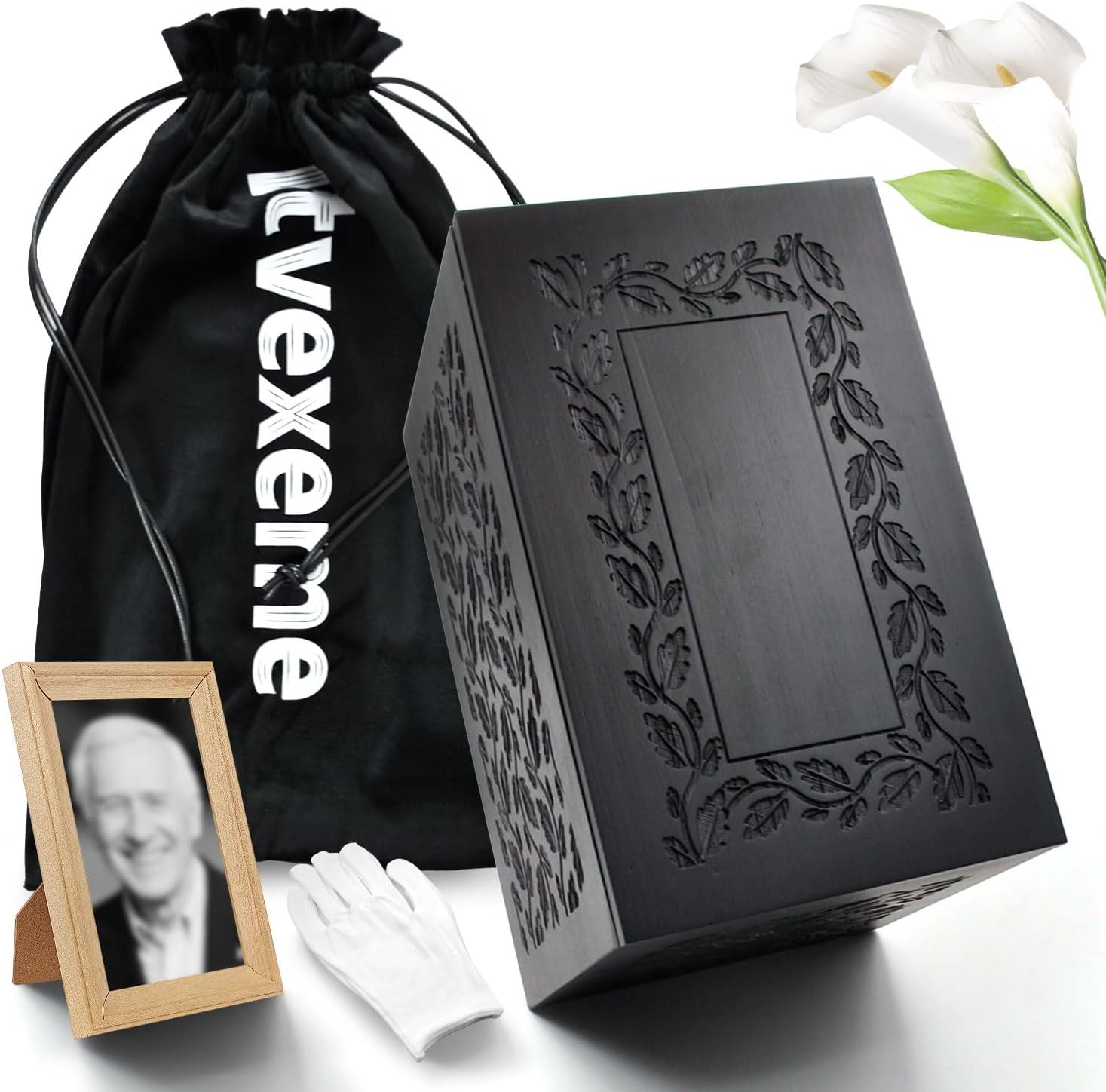 Cremation Urns for Human Ashes Adult Male or Female, Funeral Memorial Urns for Ashes, Wooden Tree of Life Decorative Urns Box, Burial Urn for Adults Up to 250 LBS, 9.45"(L) x 5.9"(W) x 7.1"(H), Black