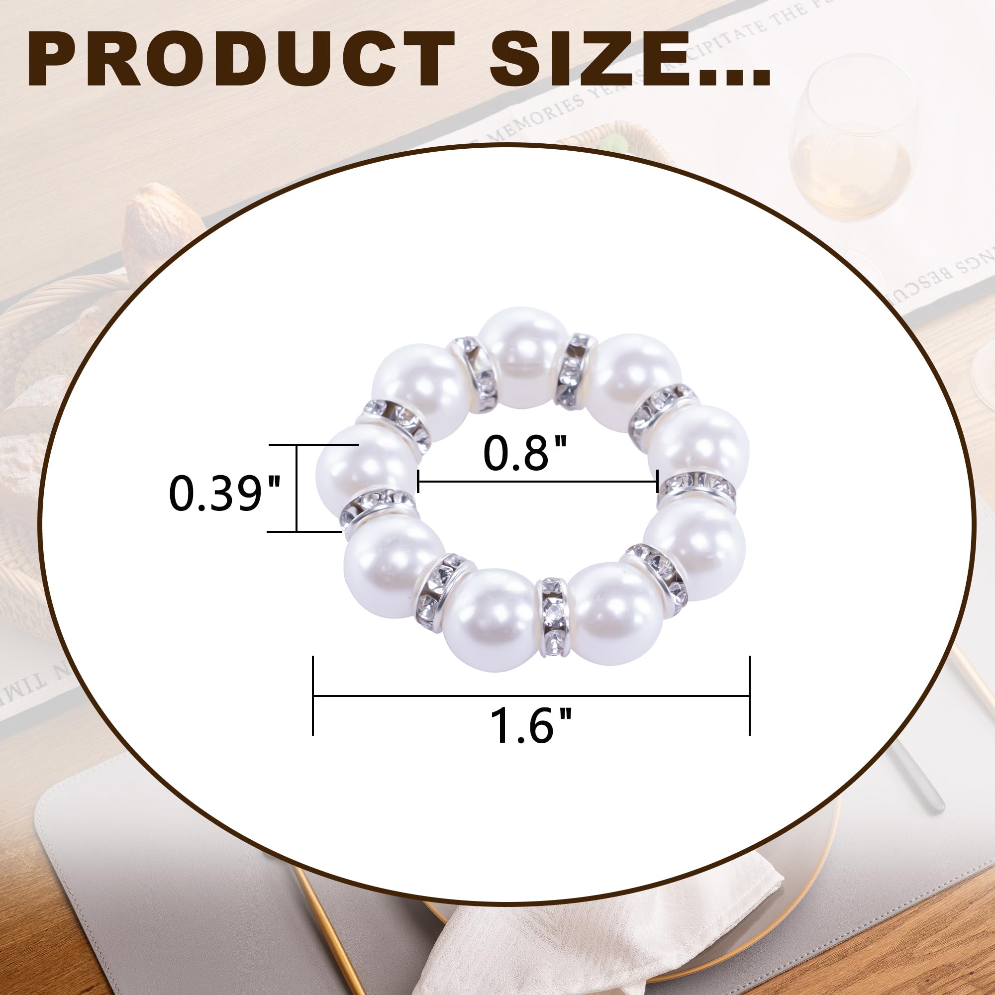 40 Pcs Pearl Napkin Rings Silver Napkin Ring Holder Beaded Rhinestone Serviette Rings Buckle with Elastic for Formal Wedding Bridal Shower Home Dinner Party Table Decor