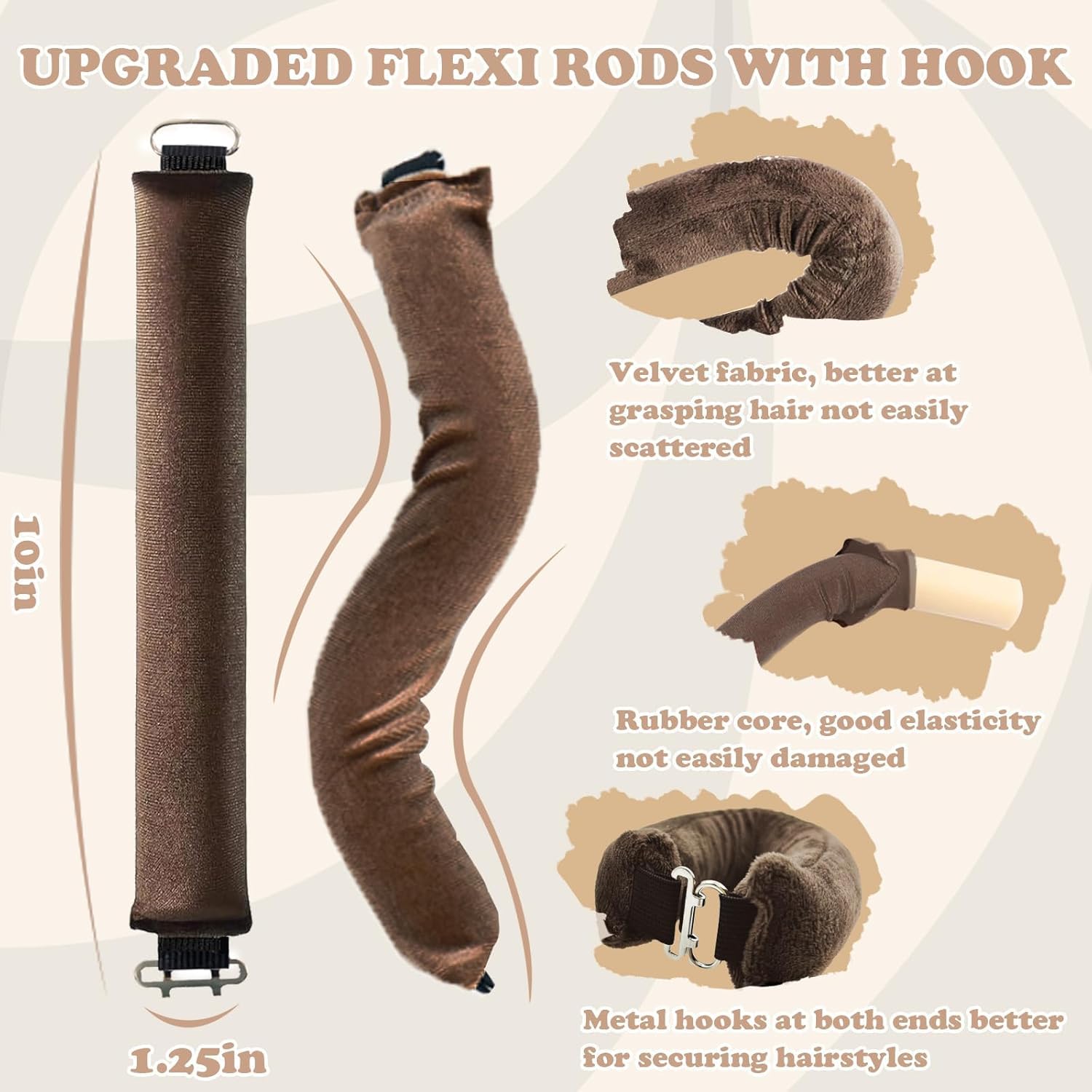 Heatless Curlers, 4PCS Brown Heatless Curls, Heatless Blowout Rods, Overnight Blowout Rods for All Curls Hair Types DIY Hair Styling - Image 2