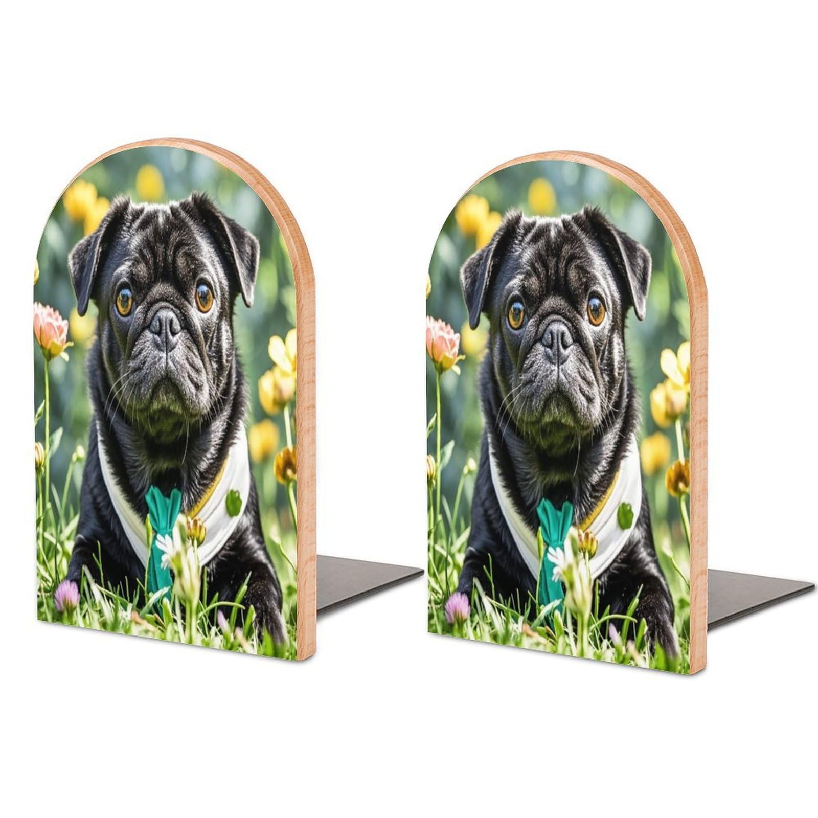 Cute Black Pug Dog Bookend Non-Skid Wooden Bookends for Shelves Heavy Duty Wood Book Ends Decorative Book Stopper Book Stand Non-Slip Book Organizer for Home Office Library