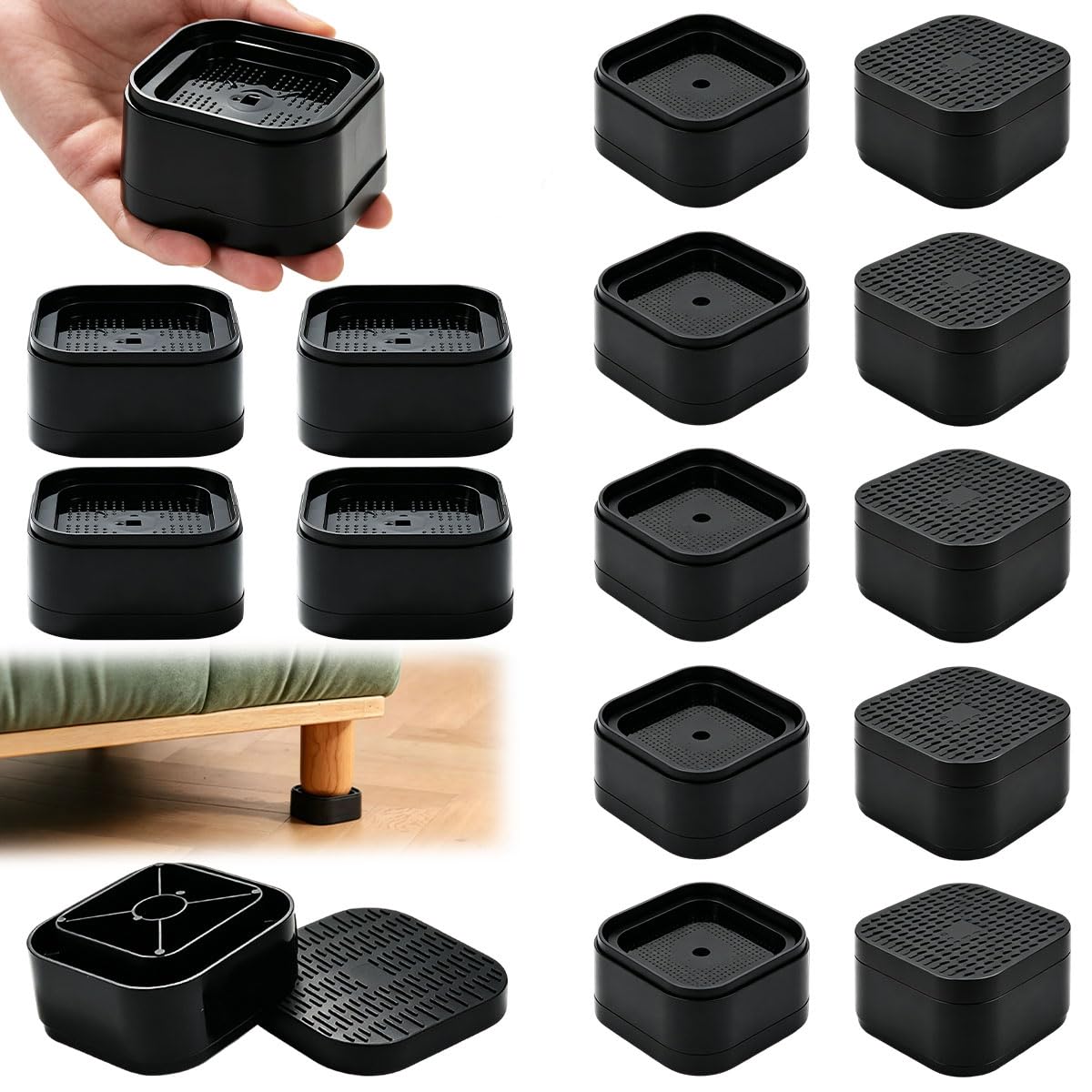 Vurixfo 16 Pcs Furniture Risers, 3.5cm Bed Raising Blocks Stackable Plastic Bed Risers Heavy Duty Square Beds Lifters With Non Slip Bottom for Couch Desk Sofa Table Washing Machine, Black