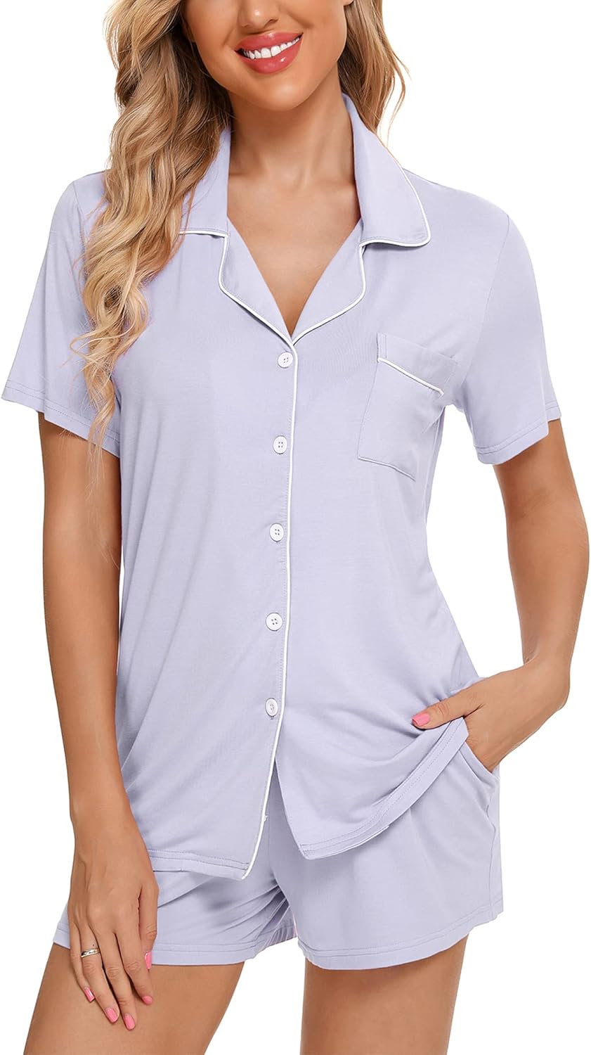 Pjmlifecoco Pajamas for Women Set Button Down Two-Piece Short Sleeve and Shorts Sleepwear Soft Lounge Pj Sets S-XXL