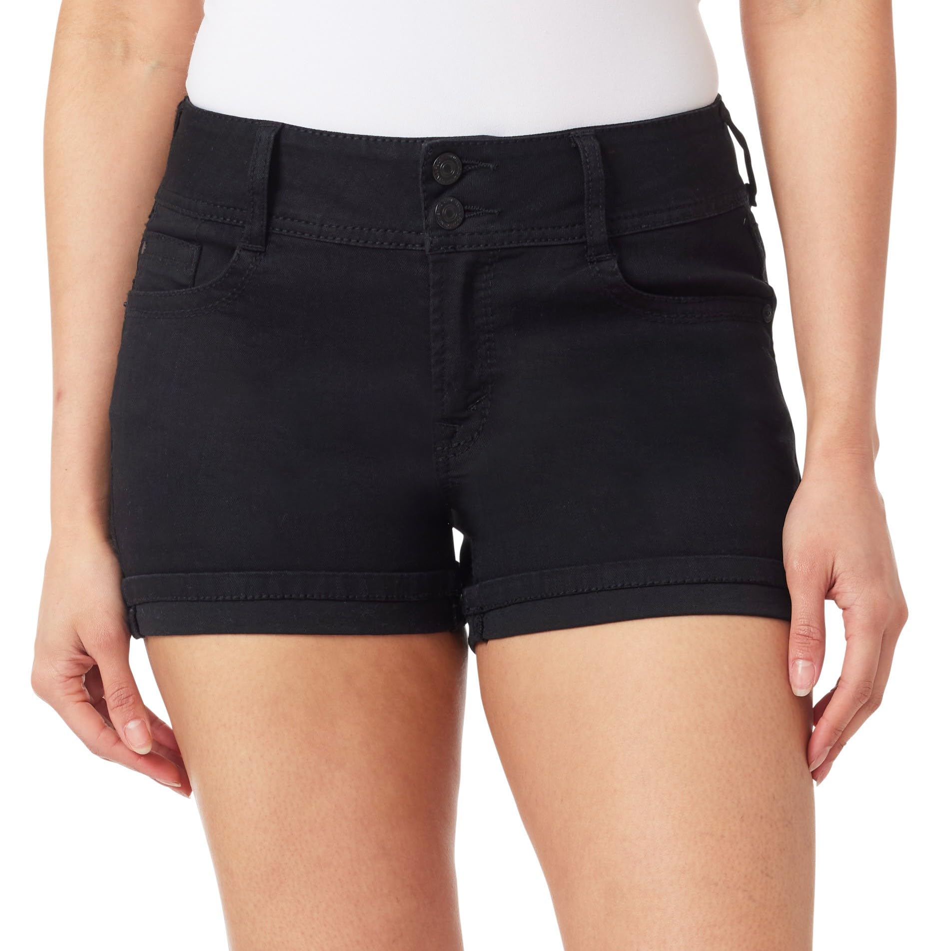 Women's Luscious Curvy Denim Shorts Mid-Rise Bling and Belted Insta Stretch Juniors (Standard and Plus) Denim Shorts