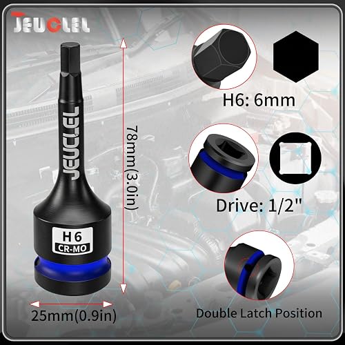 JEUCLEL 6mm Hex Impact Bit Socket, H6 1/2" Drive Allen Socket, Cr-Mo Steel - 6