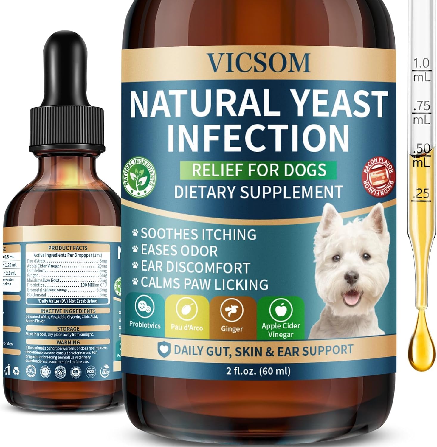 VICSOM Natural Dog Yeast Infection Treatment for Dogs, Itchy Skin & Ear Treatment Natural Support Allergy Relief, Dog Yeast Infection Relief, Support Irritation, Itching & Inflammation 60ml