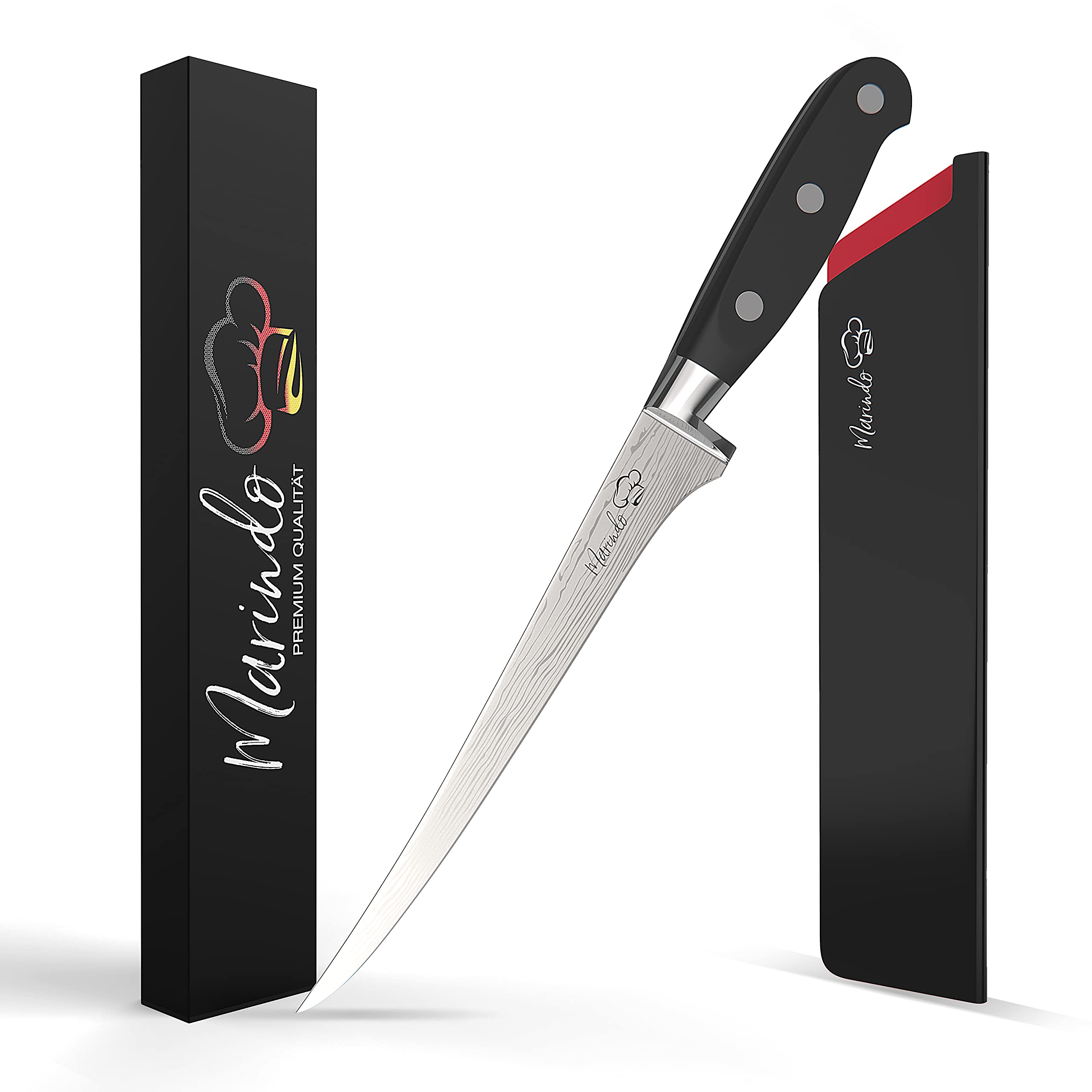 Marindo Set di coltelli professionali per sfilettare con fodero, lunghezza lama 18,5 cm, per pesce e carne, coltello da sfilettatura in acciaio inox con manico robusto, coltello da pesca antiruggine