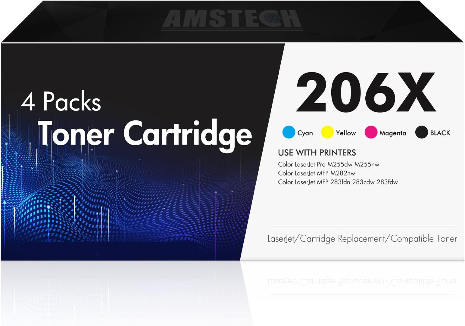 Amstech 206X 206A MFP M283FDW Toner Cartridge Compatible Replacement for 4-Pack 206X W2110X 206A W2110A Color Pro MFP M283FDW M255DW M283CDW M283 M255 High Yield Series Printer