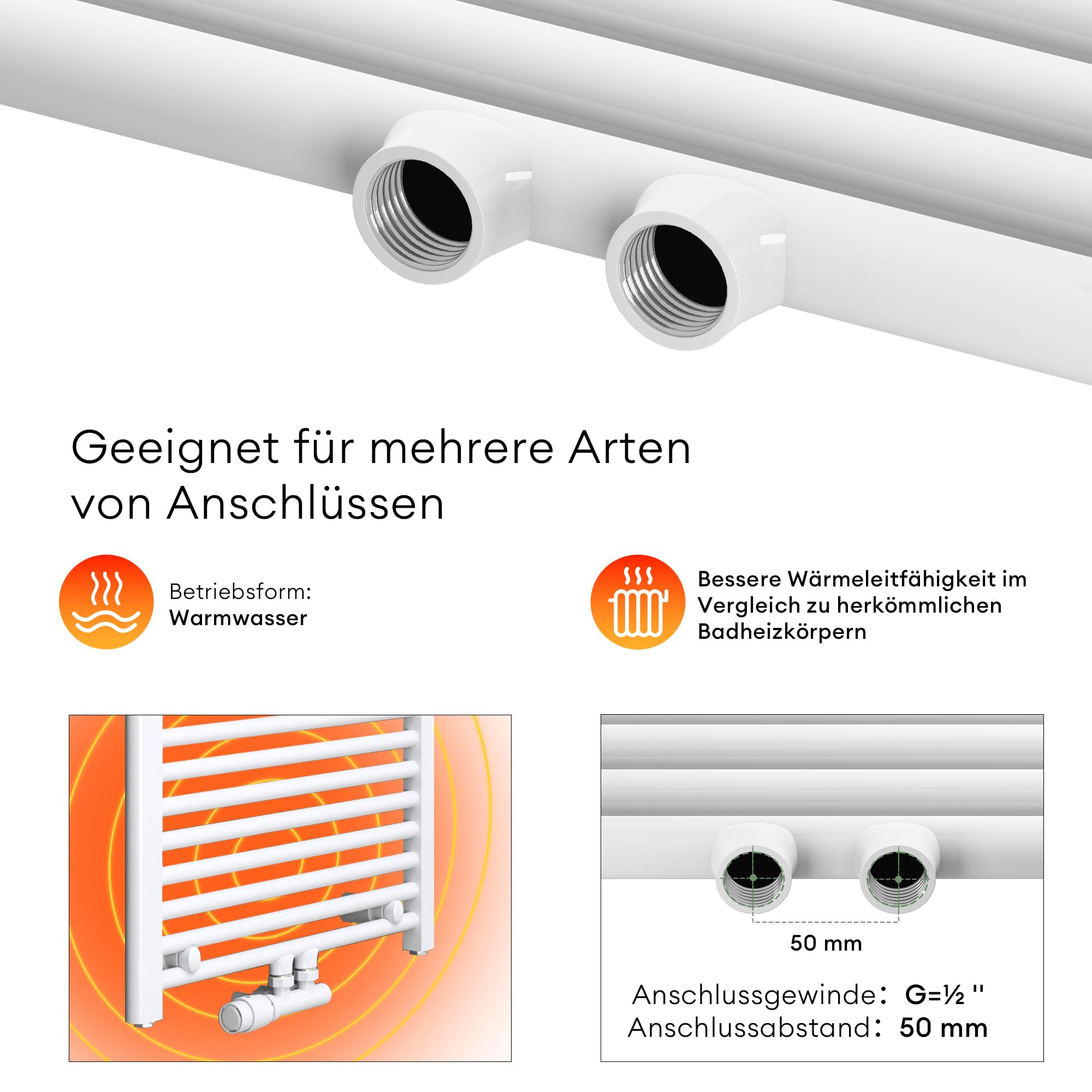 Mai & Mai Badheizkörper Handtuchheizkörper 60x120cm Weiß Seitenanschluss Mittelanschluss Röhrenheizkörper