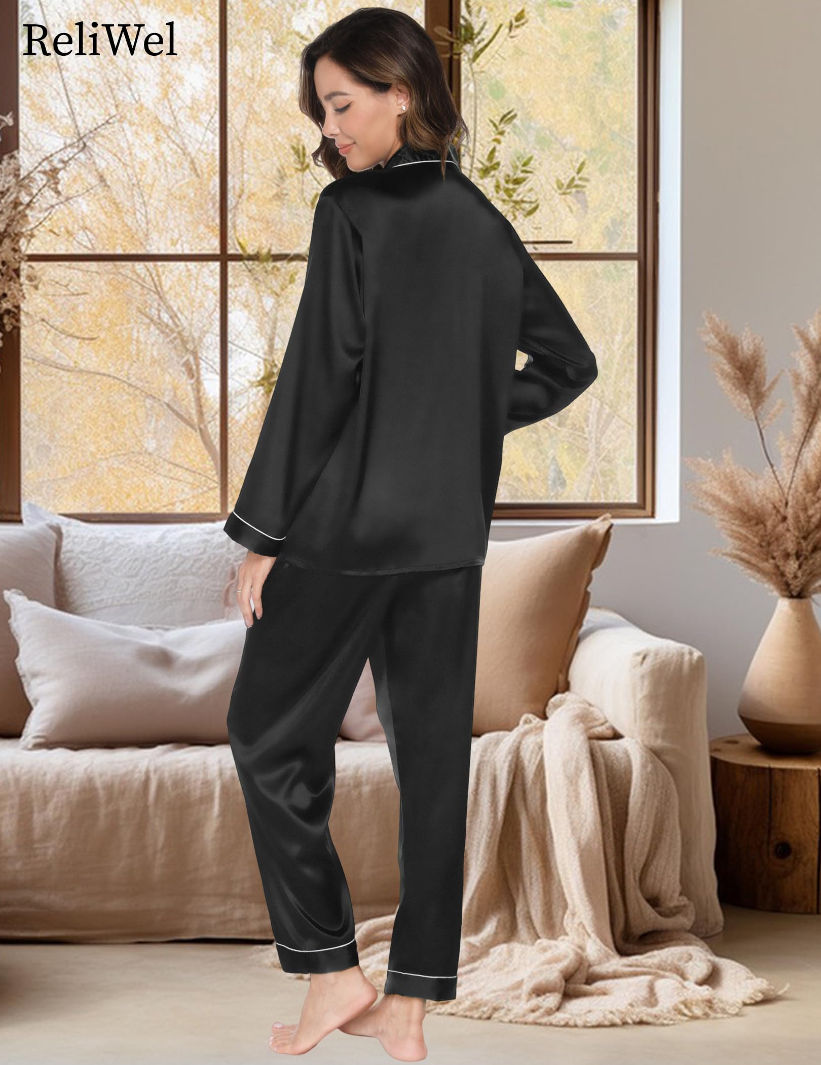 Conjunto de Pijama Seda Mujer 2 Piezas Manga Larga con Botones Ropa de Dormir Satén Ropa de Noche Largo Pantalón Pijama Botones Mujer Loungewear S~XXL
