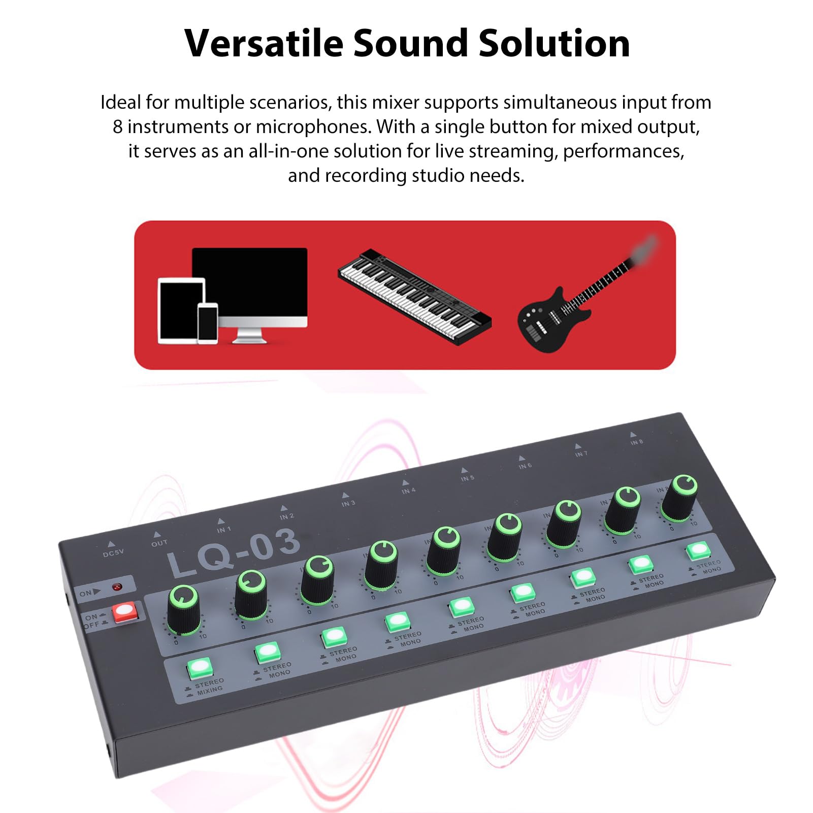 Luocute Mezclador de 8 Canales, Mezclador de Sonido con Entrada de 8 Canales, Mono Estéreo Conmutable para Grabación en Vivo, Interfaz de Sonido de Consola de Mezcla de Estudio con (2#)