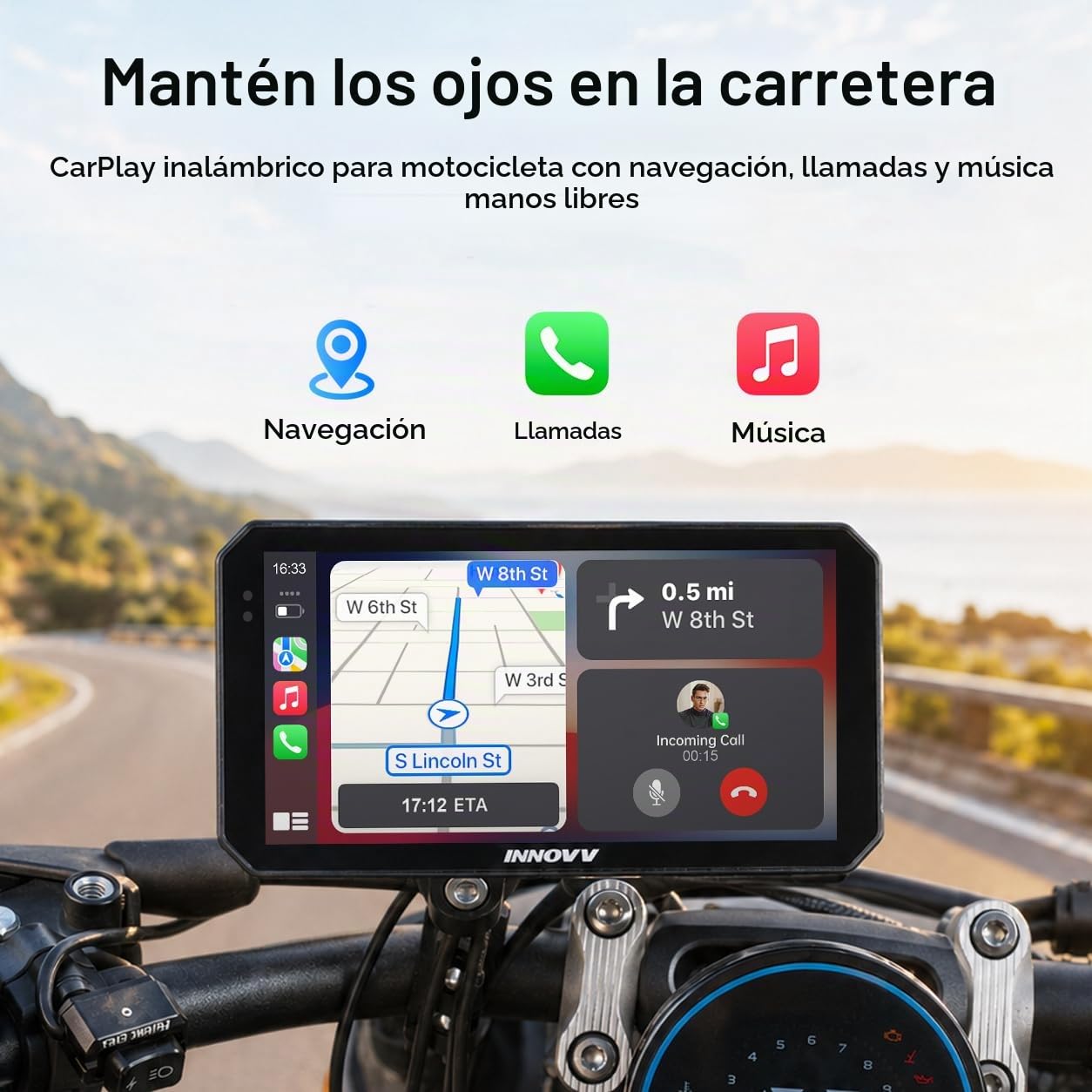 N2 Pantalla Apple CarPlay de 6 pulgadas para motocicletas, pantalla táctil, sistema de navegación GPS Apple CarPlay y Android Auto inalámbrico, WiFi 5G, impermeable IP67, Bluetooth, modo de