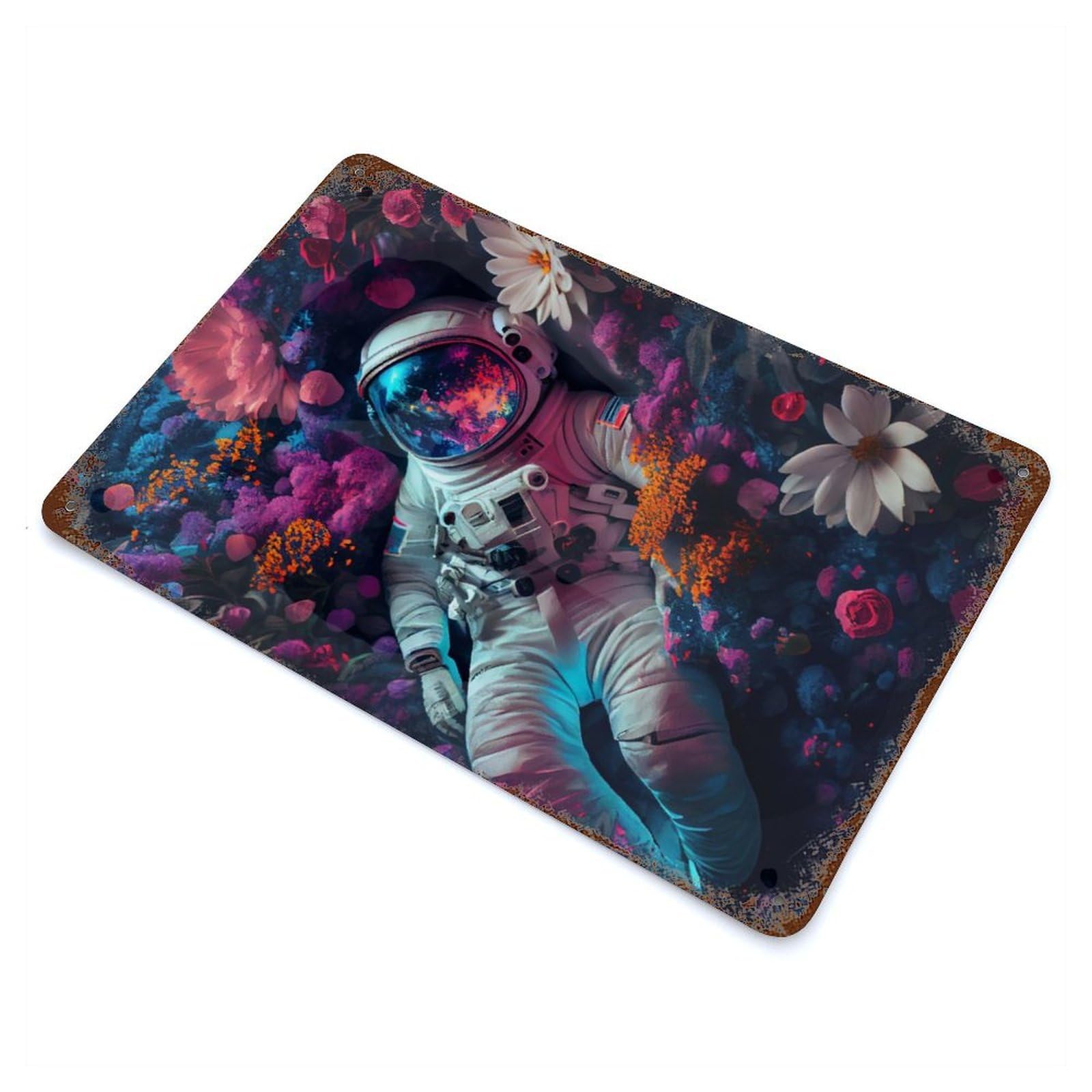 Rust Effect Astronaut Flower Planet Distressed Metal Wall Sign 11.8"x7.9", Decorative Metal Wall Art for Living Room, Hallway And Home Decor