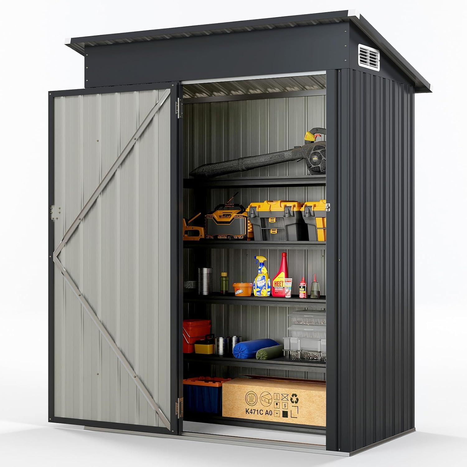 GOPLUS - Caseta de jardín de metal galvanizado para herramienta con techo inclinado, resistente a la intemperidad, 150 x 88 x 185 cm, cabina de jardín con ventilación de 1,88 m³, potre ferrable y