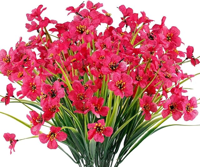 Ksnnrsng 6 Bundles Artificial Flowers Outdoor UV Resistant Fake Flowers No Fade Faux Plastic Plants Garden Porch Window Box Decorating (Rose Red)
