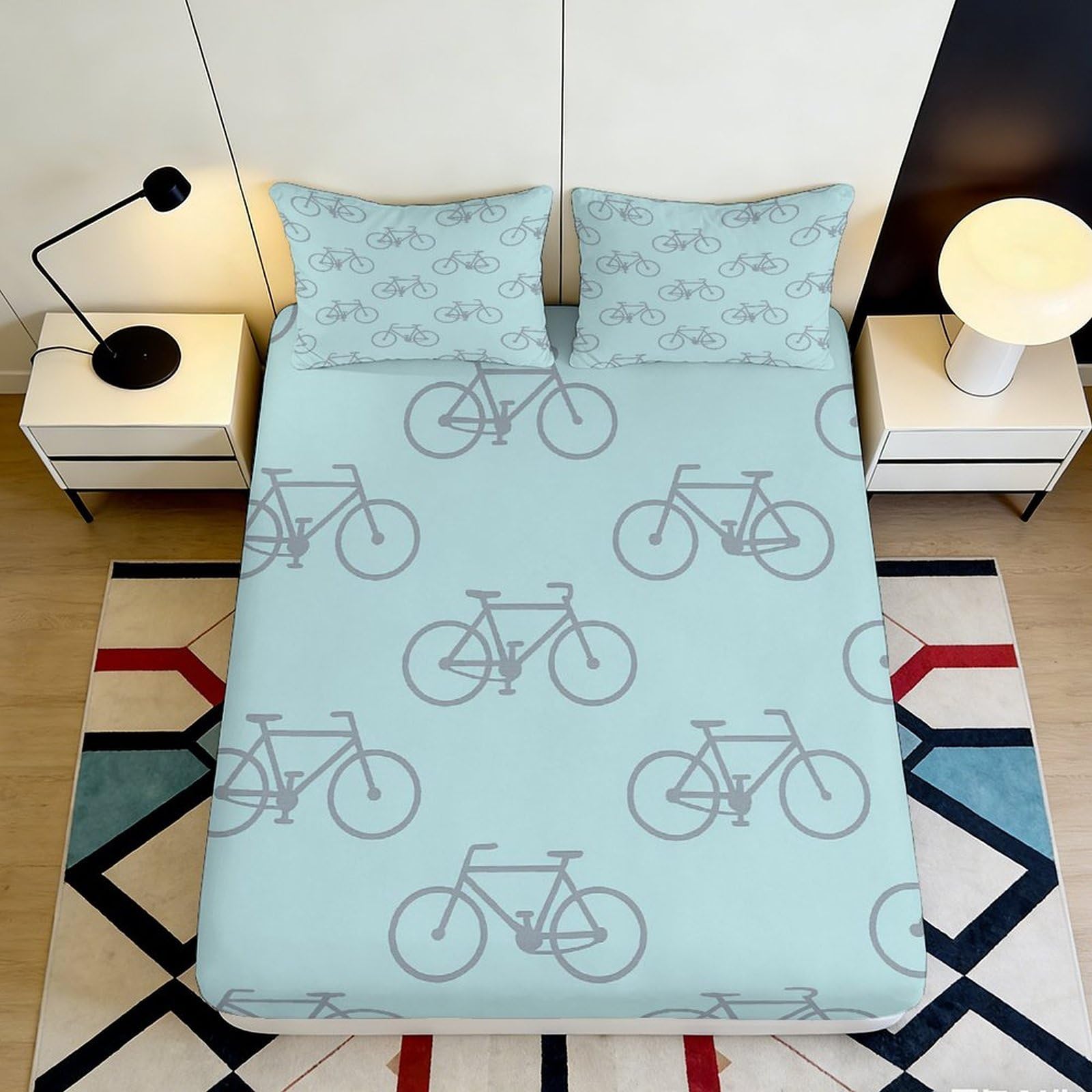3D Printed Bicycle Pattern Fitted Sheet Microfiber Soft Blue Bed Cover for Bedroom Dorm Mattress Protection 90x200x25cm