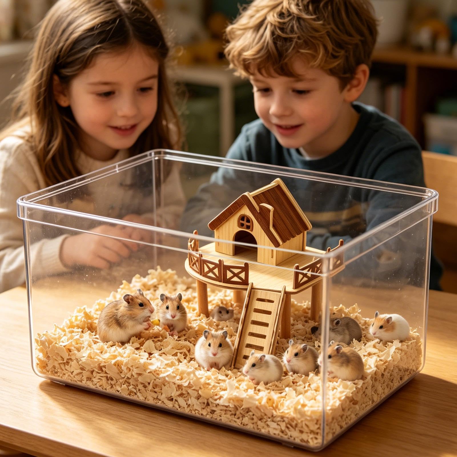 Hamsterholz-Lebensraum, 26 x 25 x 26 cm, Chinchilla-Aktivitätsspielset, natürliches Holz, Käfigbrücke, Kleintier-Lebensraum-Zubehör, mehrstufiger Übungsbereich, geeignet für Rennmäuse
