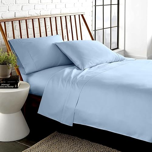 LaxLinen Sábanas cortas de RV tamaño Queen, color azul claro para camas, sábanas de algodón egipcio de fibra larga para una sensación suave, se