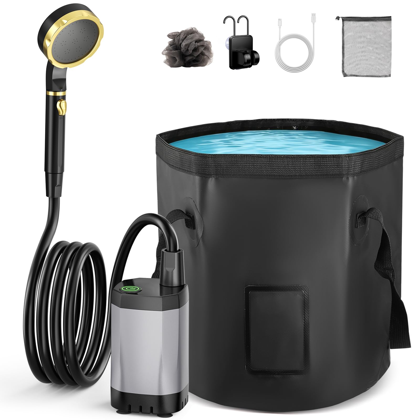Doccia da Campeggio, Doccia Portatile Ricaricabile da 7800 Mah Con Secchio Pieghevole di Grande Capacità, Soffione Filtrato, Pompa Per Doccia da Campeggio All'Aperto per Escursionismo