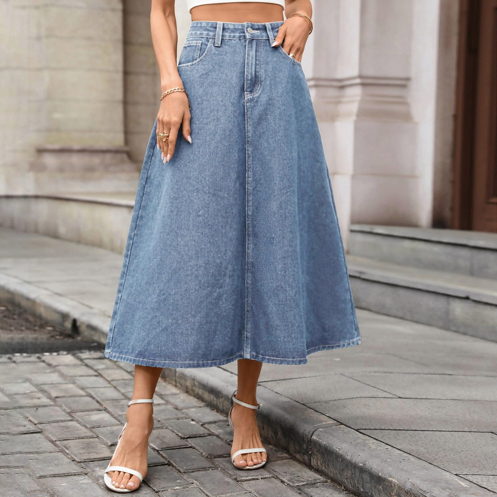 Faldas casuales de verano para mujer, falda midi de moda del Reino Unido con bolsillos, cintura elástica, faldas largas acampanadas, falda plisada de cintura alta, estilo 006