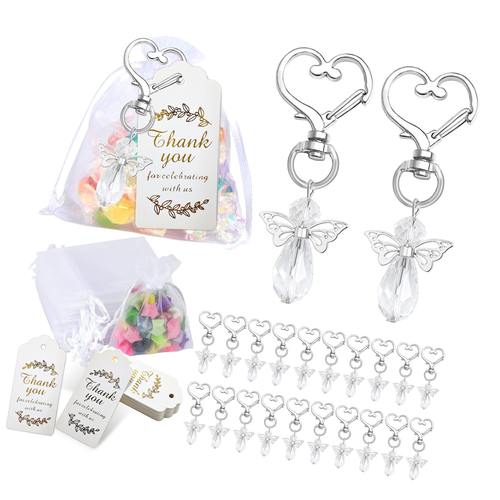 Kalttoy 30Pcs Wing Charm Keychain Decorative Holder with Drawstring Gauze Bag and Labels for Baby Showers Wedding Keychain Charm