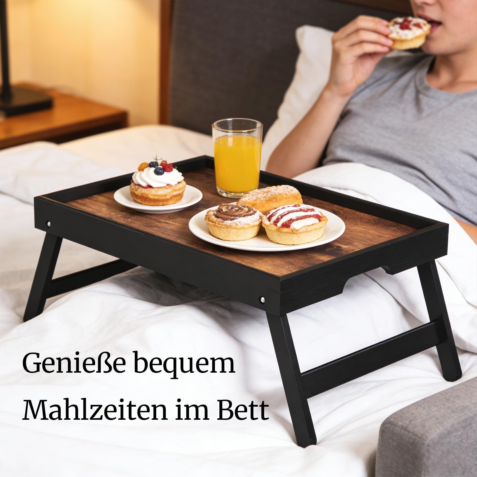 Fibogollo 2er-Pack Betttisch aus Holz mit klappbaren Beinen, Frühstückstabletts, Serviertablett für Speisen und Snacks, Laptop-Tabletts zum Arbeiten