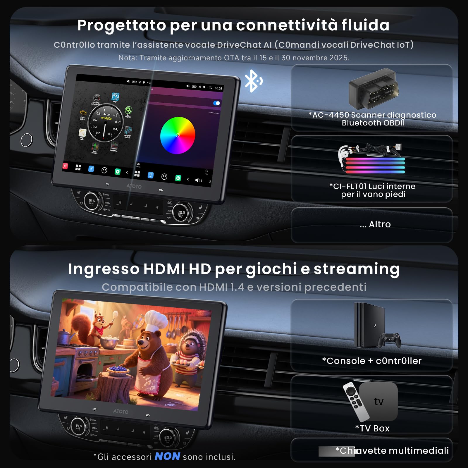 ATOTOZONE X10 10" Autoradio Android, Schermo Flottante, 1 DIN / 2 DIN, AI Agent & AI Vision, LiveView Re-moto, Sorveglianza Parcheggio, 4G LTE, 8G+128G, Audio 7.1.2 ch,CarPlay & Android Auto Wireless