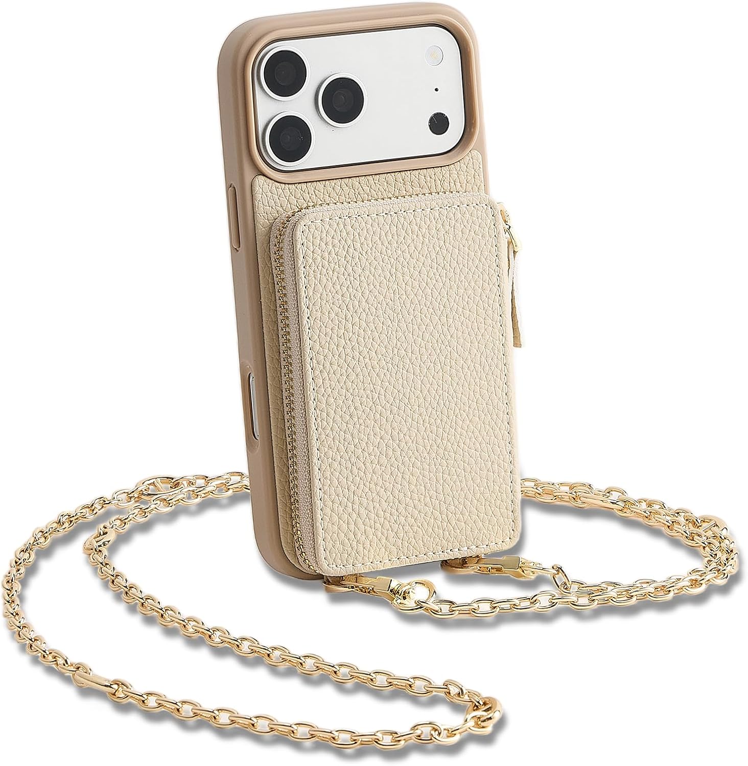 ZVE for iPhone 17 Pro Case Wallet with Crossbody Chain, Card Holder Leather Phone Cover with Wrist Strap 6.3" Taupe