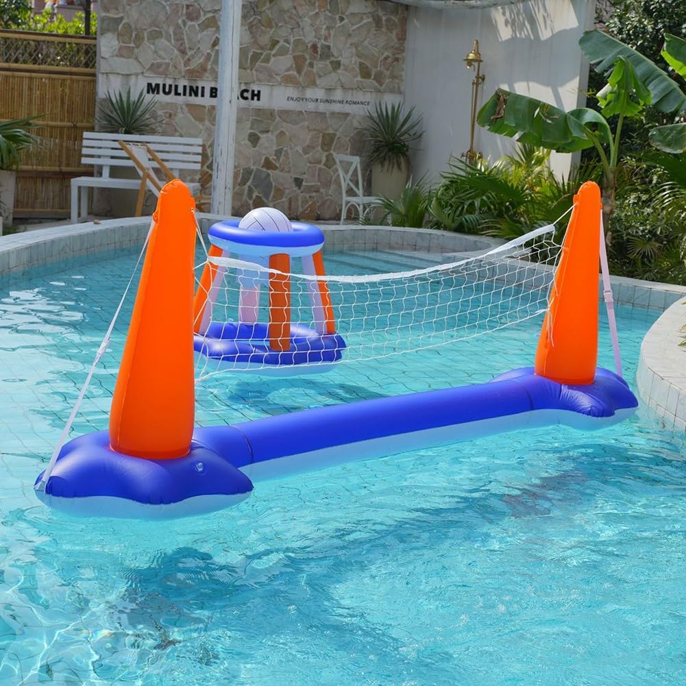 Aufblasbares Schwimmbecken-Spielset mit Volleyballnetz und Basketballkorb, robustes PVC-Wasser für Poolpartys, kindersicher nach EU-Norm, schnell aufbaubar für Kinder und Erwachsene, 120x38x30 Zoll