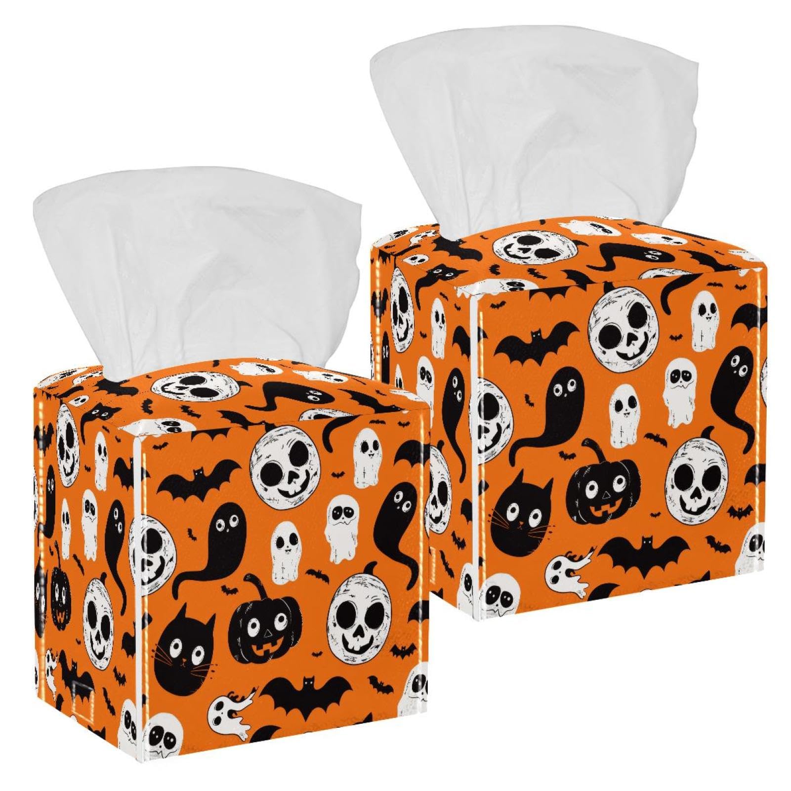 Halloween Pumpkin Bat Tissue Box Cover, 2 Pack PU Leather Square Facial Tissue Dispenser Box holder for Home Office Car