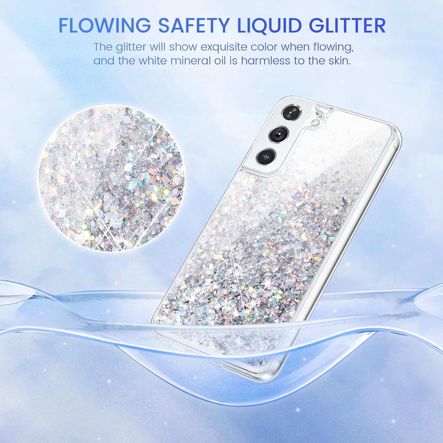 Caka Case for Galaxy S22 5G Glitter Case for Women Girls Bling Sparkle Liquid Flowing Floating Shining Glitter Quicksand Phone Case for Samsung Galaxy S22 2022 Released (Clear Silver)