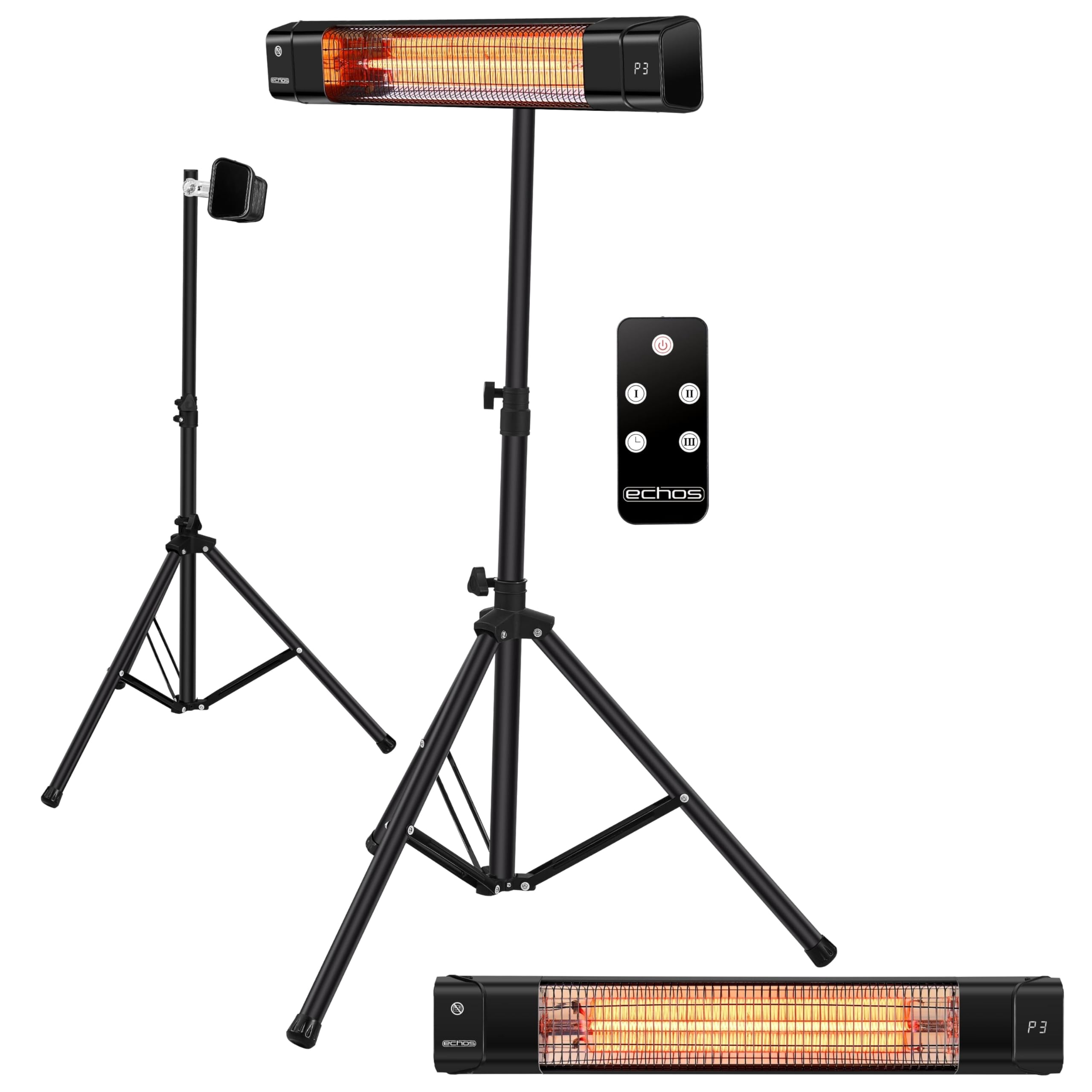 Echos® Karbon Infrarot Heizstrahler 1500W langlebiges Carbon-Heizelement – Terrassenheizer elektrisch für Balkon, Wintergarten & Innenbereich, Standfuß oder Wandmontage, 3 Stufen, Timer, Fernbedienung