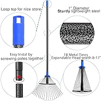 Vista 7 de Rastrillo de Hojas de Metal Ajustable con Mango Largo, Rastrillos de Jardín para Césped de Servicio Pesado con Cabeza Expandible de 8-17", Rastrillo
