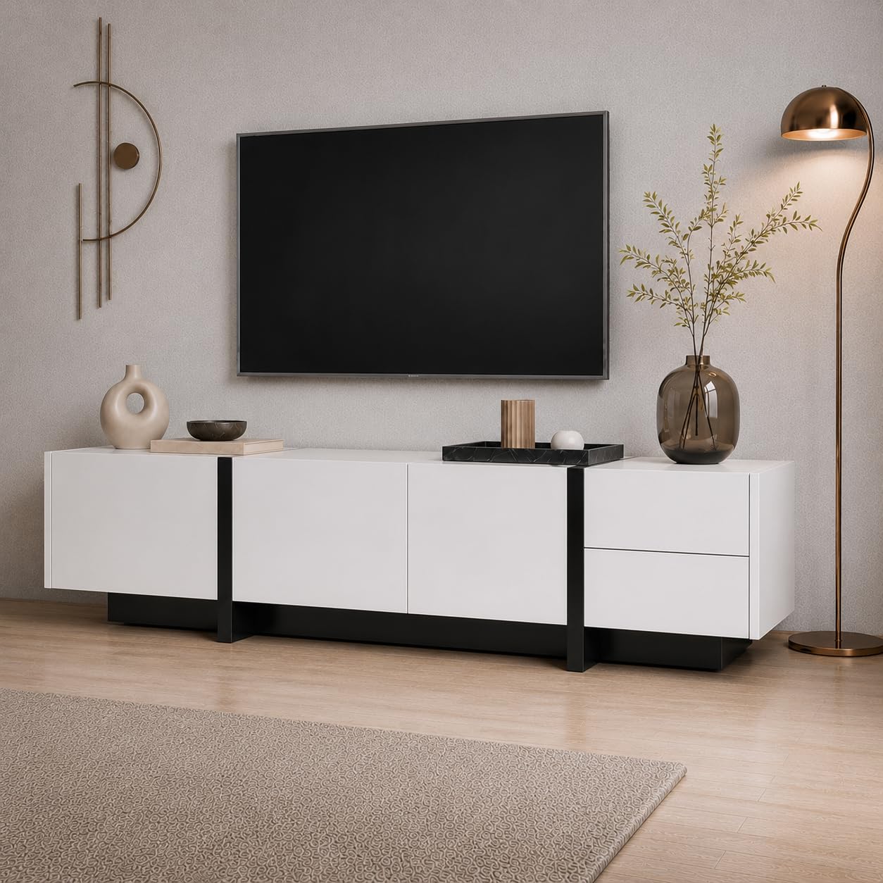 ModernLuxe TV Stand Cabinet, Stylish Elegant TV Unit with Low Panel, Modern TV Cabinet for Living Room, Practical TV Table with Shelves and Drawers, High-gloss White and Black Colorblock, 190cm