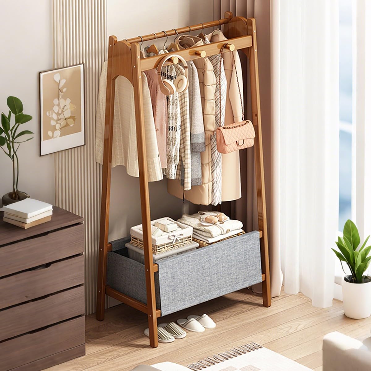 FGXHHS Natural Bamboo Coat Rack Stand - Modern Floor Standing Clothes with Hooks & Storage Basket Shelf for Hallway, Entryway, Bedroom, Bathroom, Office