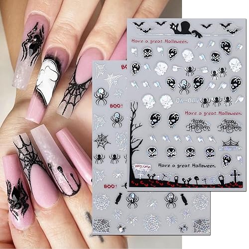 Miniatura 4 de 6 hojas de calcomanías de arte de uñas de Halloween  Calcomanías de uñas de Halloween autoadhesivas 3D de dibujos animados fantasma, esqueleto,