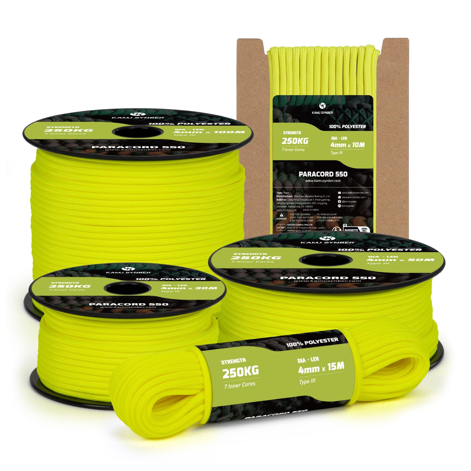 Kamu Synber Paracord 550 Type III 4mm 15m 7 Strands 100% Polyester Rope Parachute Cord Ideal for Crafting, Outdoor, Survival | Support 250kg | Neon Yellow