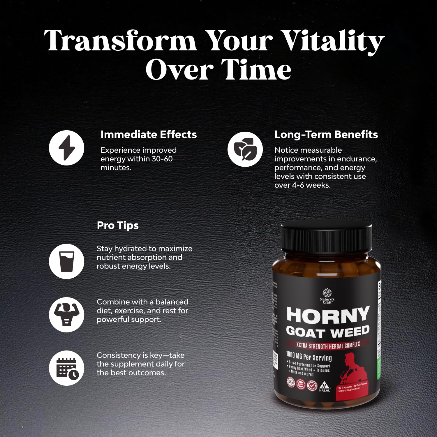 Natures Craft Horny Goat Weed for Men - Extra Strength Male Supplement with Black Maca Root, Tongkat Ali, Saw Palmetto & Panax Ginseng Extract for Stamina & Energy - 90 Capsules