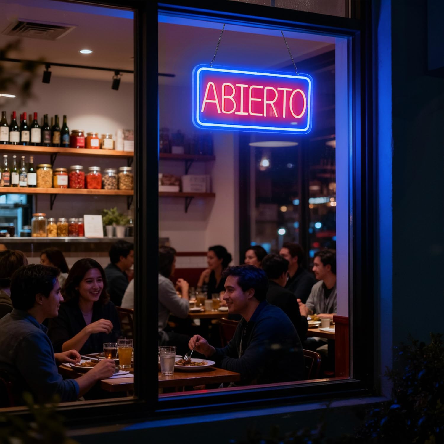 Señales luminosas ABIERTO neón, Cartel de Luz Roja con Marco Azul para Tiendas, Restaurantes, Bares, y Cafeterías, Letrero LED Abierto con interruptor regulable para Decor Comercial y Hogar