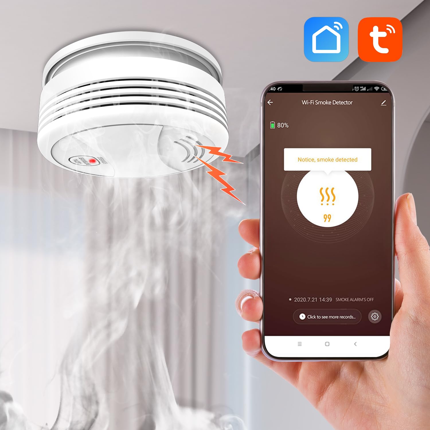 XNY Wi-FI Détecteur de Fumée avec Batterie Remplaçable, Détecteur d'Incendie Intelligent, Compatible avec Tuya et Smart Life APP, Certifié EN14604, 3 Pièces