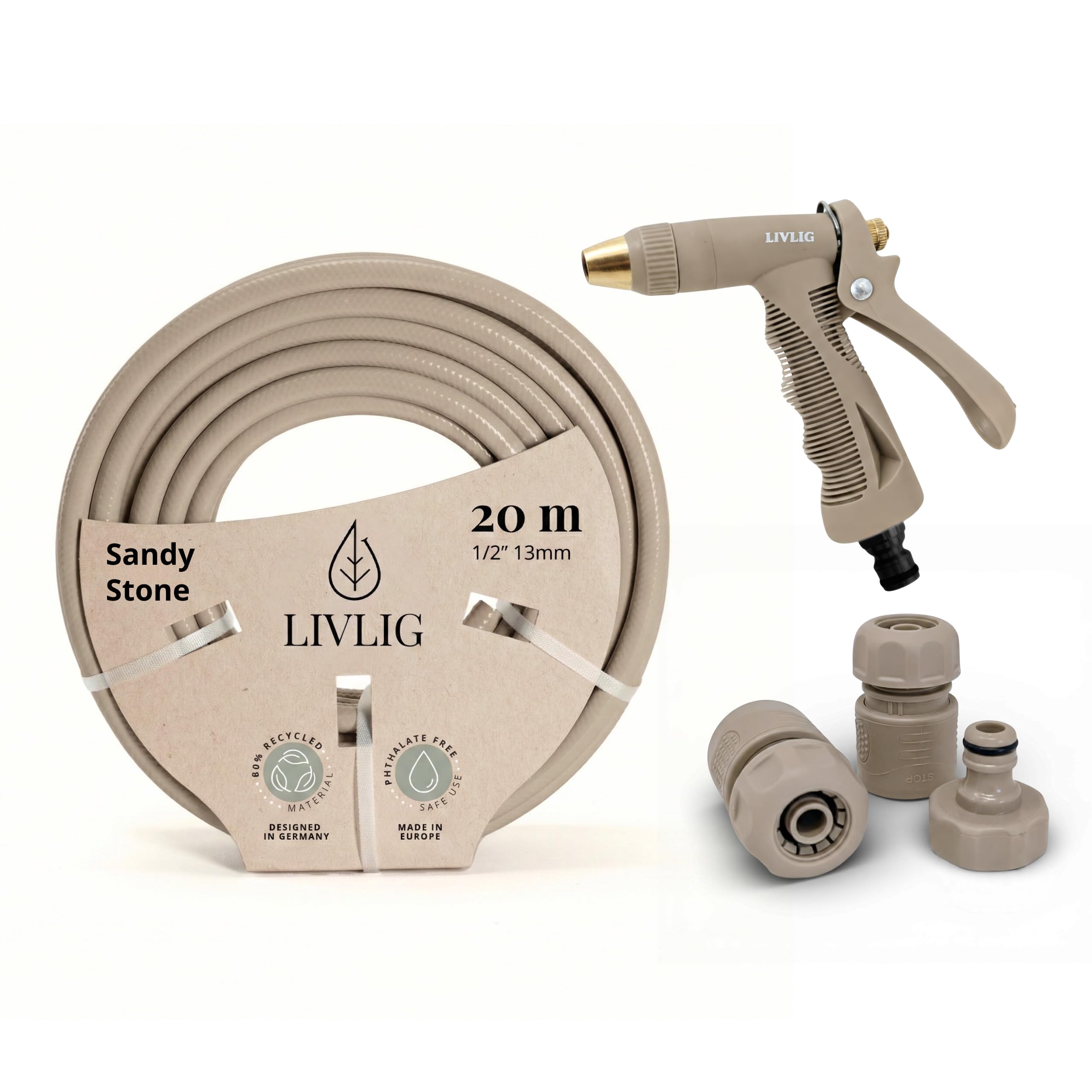 LIVLIG Set tubo 20 m 1/2" – tubo anti‑piegatura e UV con pistola e raccordi (G3/4, stop 1/2, rapido) – Beige