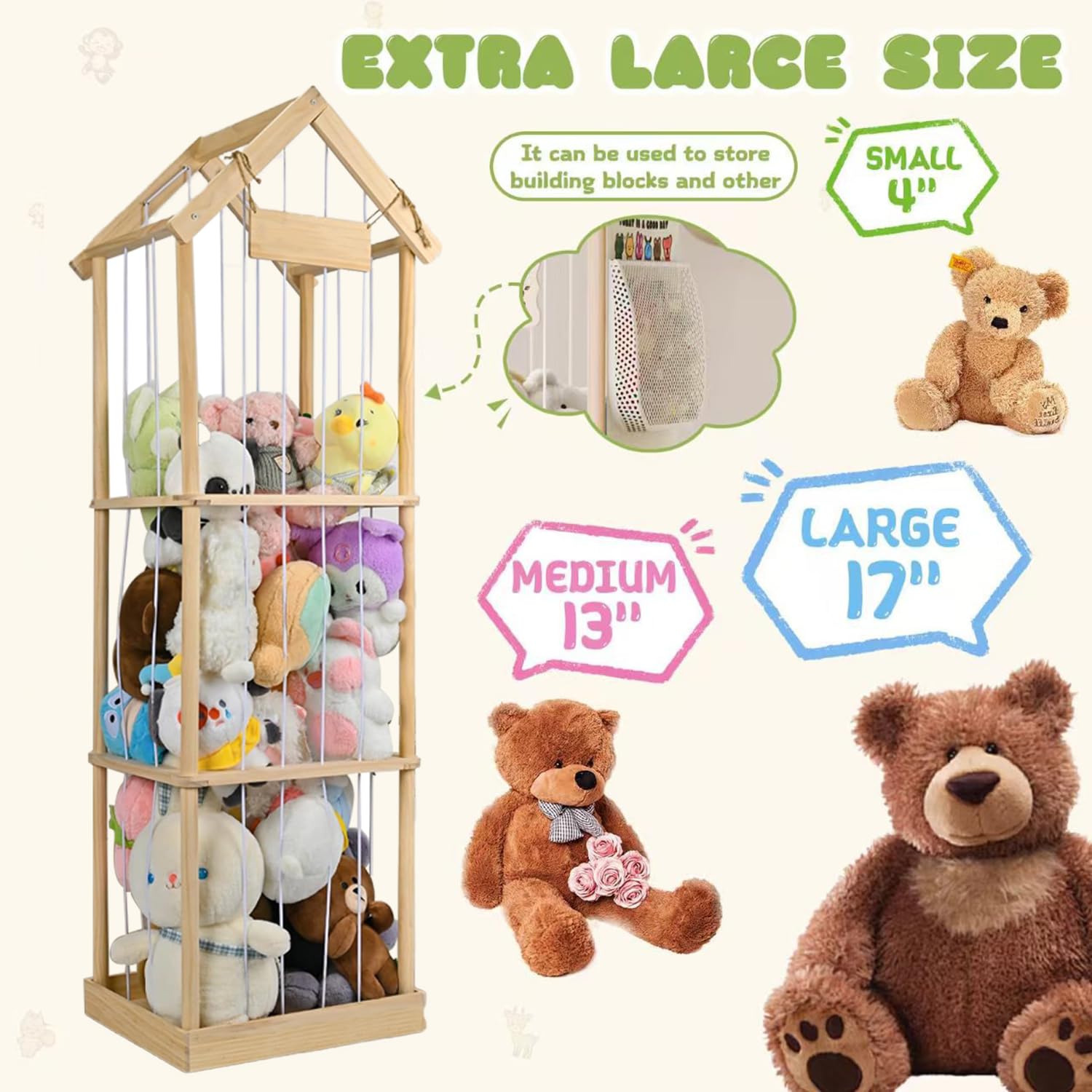 Organizador Peluches En Madera,Organizador Peluches,Estable y Duradera Juguetes Infantil,Ahorro De Espacio,Gran Capacidad,Para Habitaciones Infantiles,Salas De Juegos,Etc.